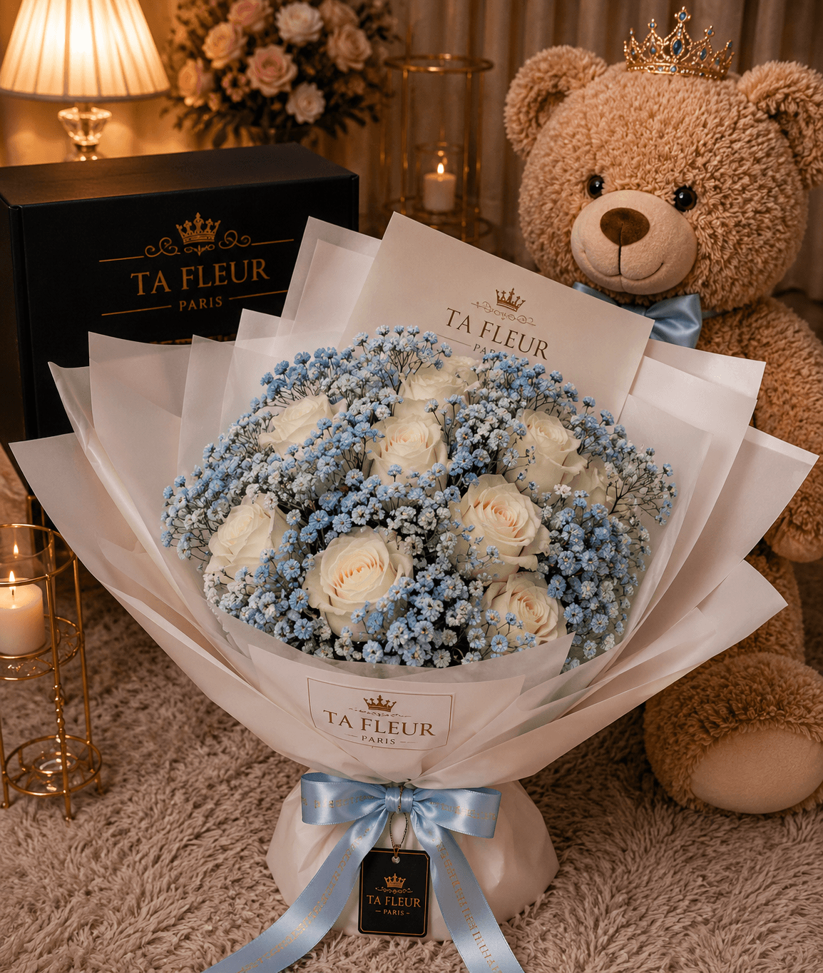 Bouquet bleu céleste roses et gypsophile TA FLEUR