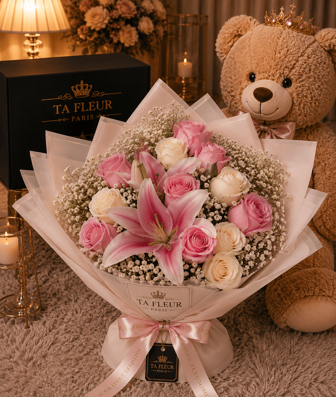 Bouquet romantique de roses roses et lys avec gypsophile, emballage TA FLEUR et nounours couronné