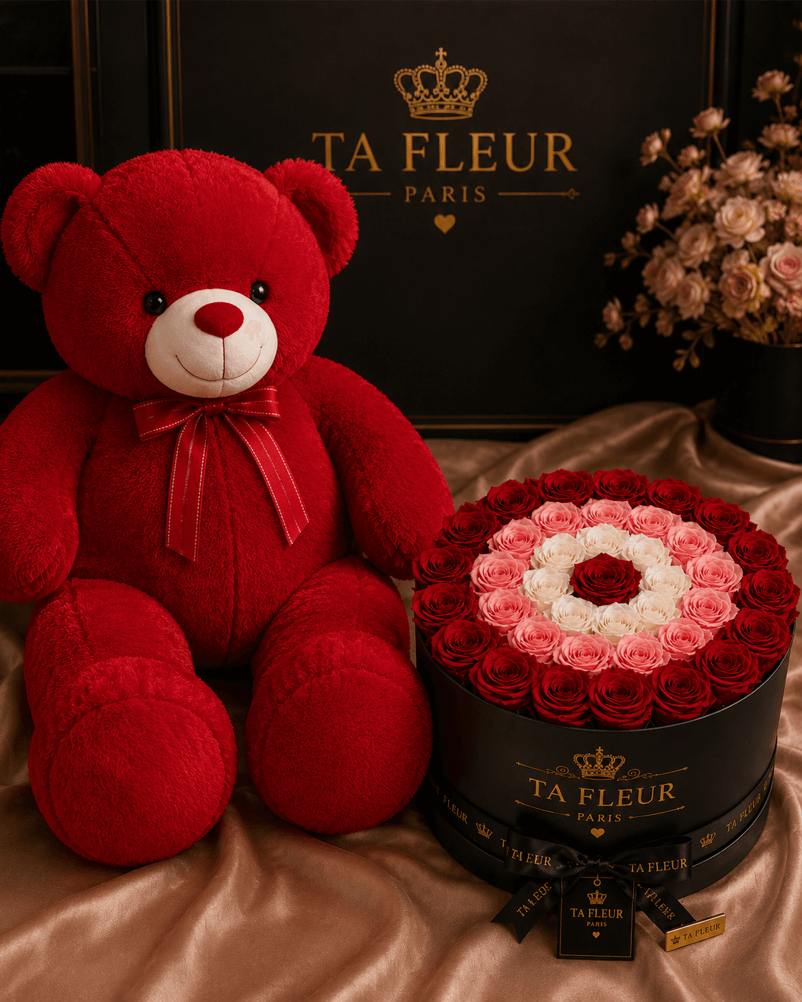 Coffret rond TA FLEUR de roses en boite noire avec grand nounours rouge, emballage premium