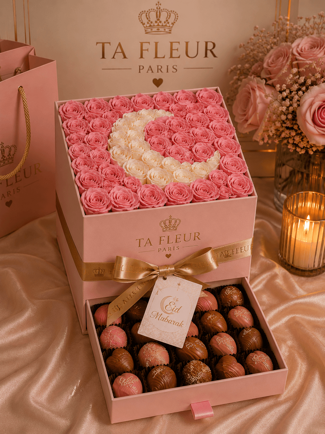 Coffret TA FLEUR Eid Mubarak avec roses roses en croissant et chocolats fins, ruban doré