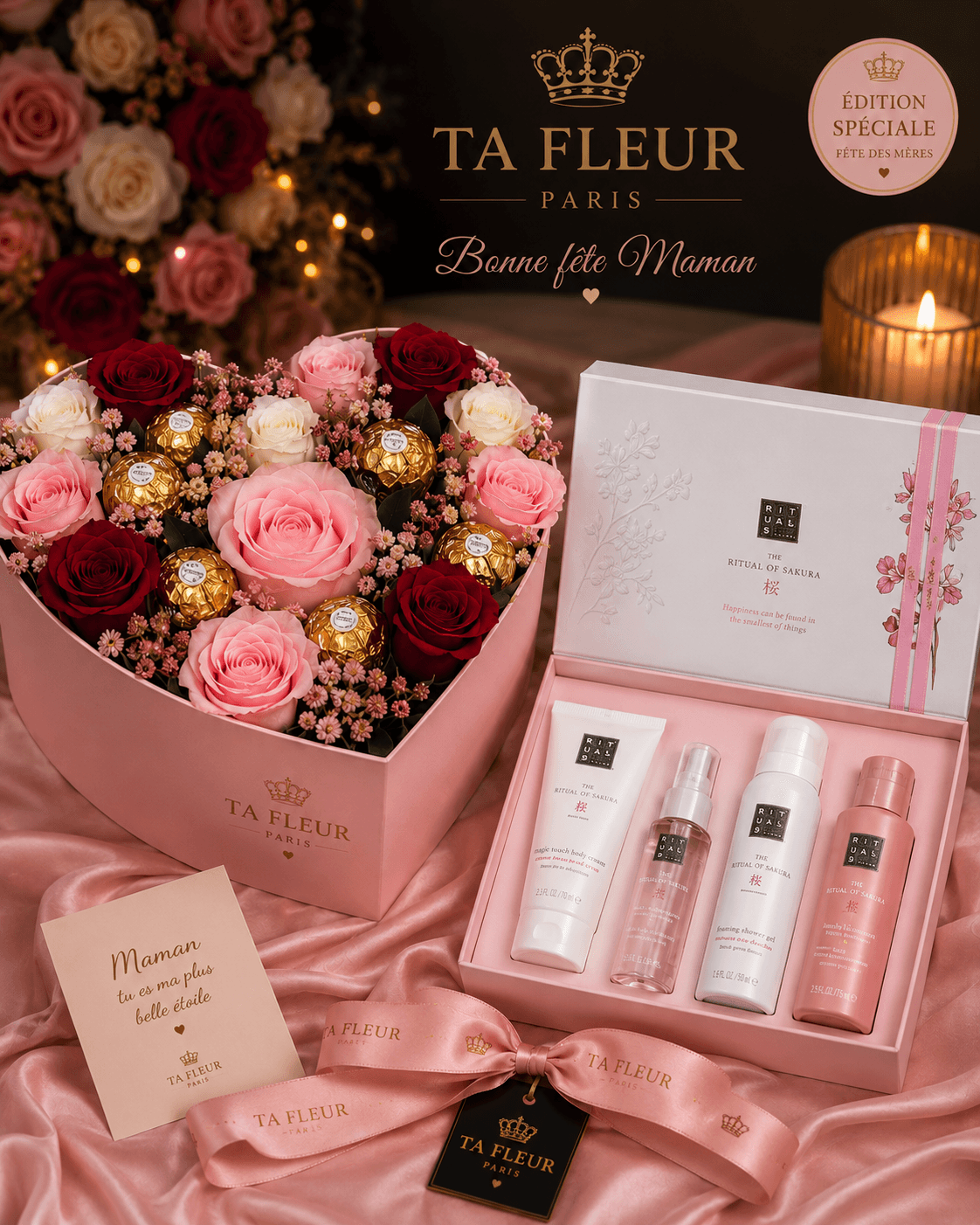 Coffret cœur TA FLEUR fête des mères avec roses, chocolats Ferrero et coffret de soins Rituals