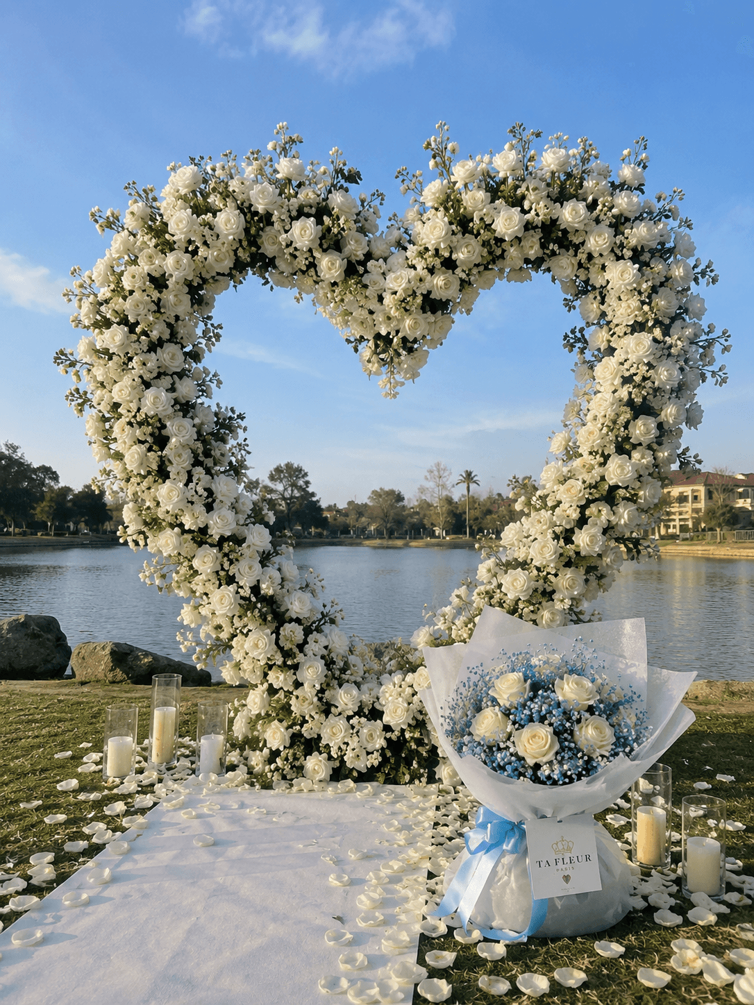 Arche cœur de roses blanches avec bouquet bleu et blanc TA FLEUR, bougies et pétales au bord du lac