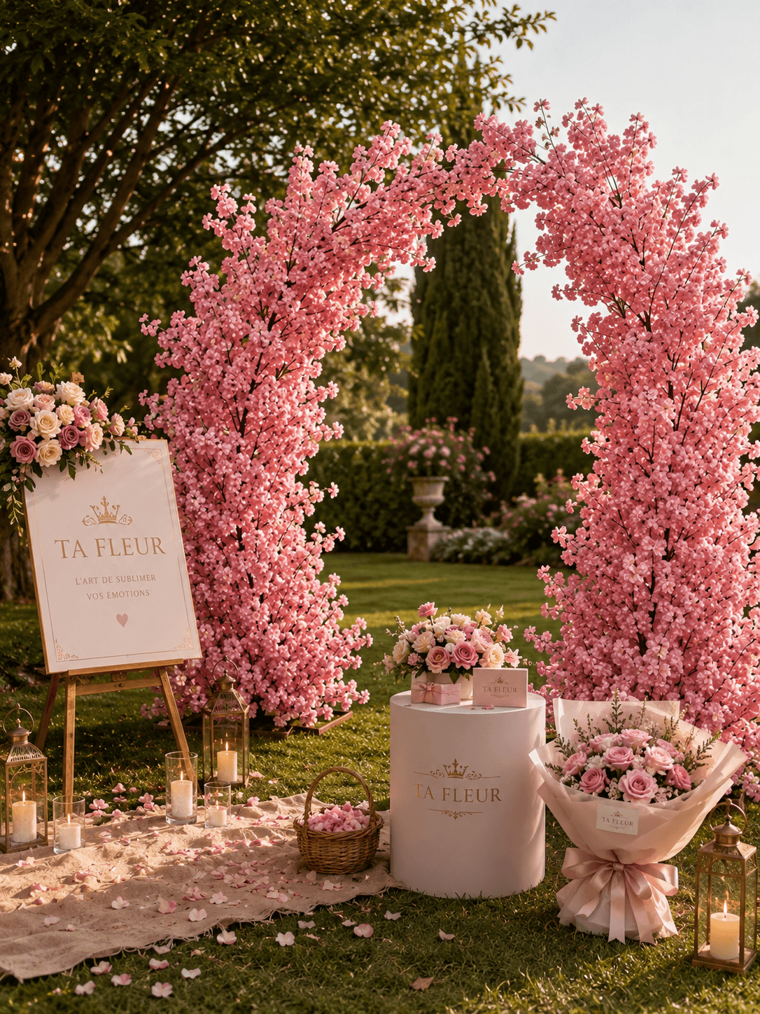 Arche de cerisier rose en fleurs TA FLEUR dans un jardin avec bouquet et bougies