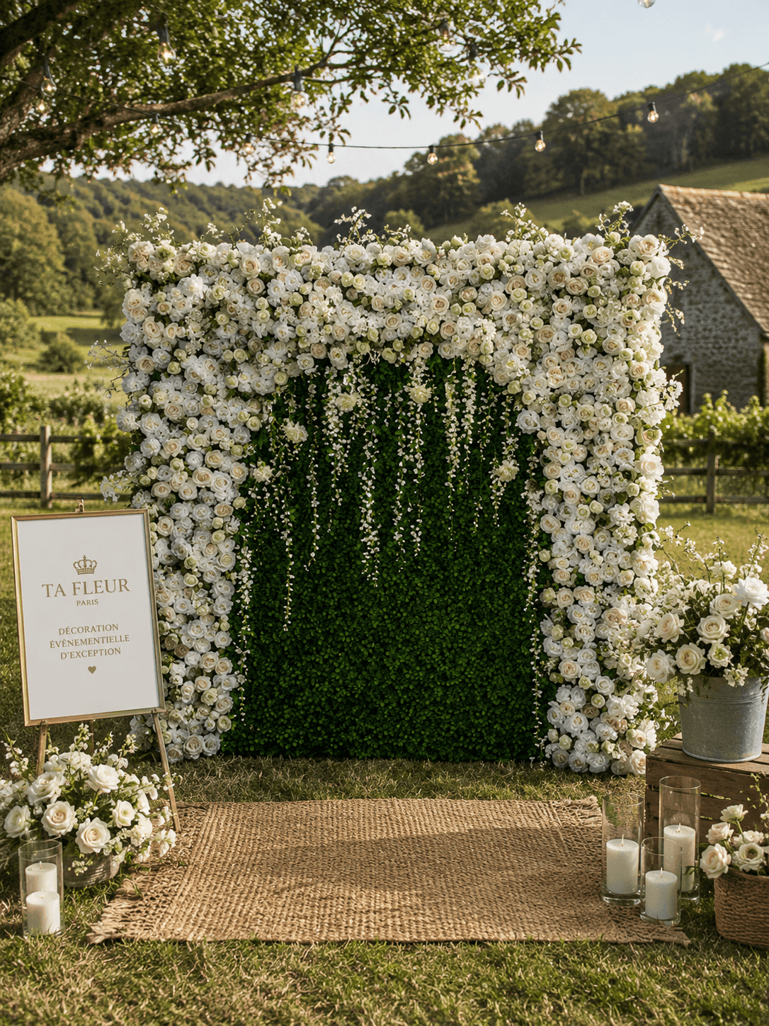 Arche florale blanche et verdure TA FLEUR dans une salle de mariage de luxe avec bougies et chandelles
