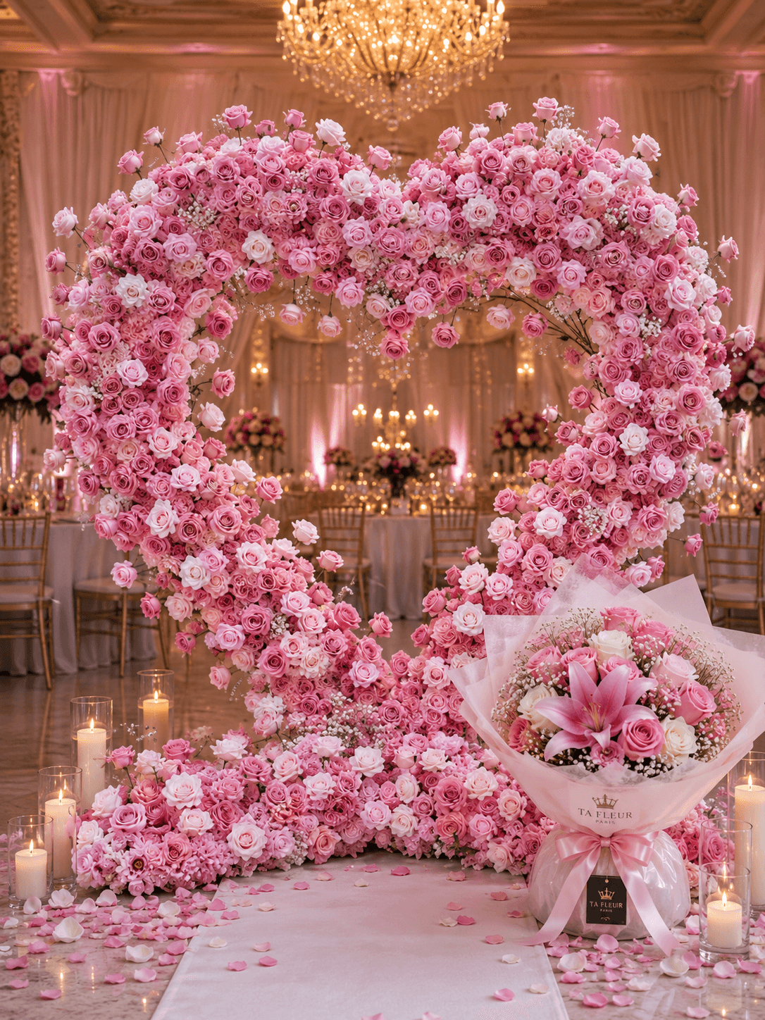 Arche cœur de roses roses dans une salle de réception de luxe avec bouquet TA FLEUR et bougies