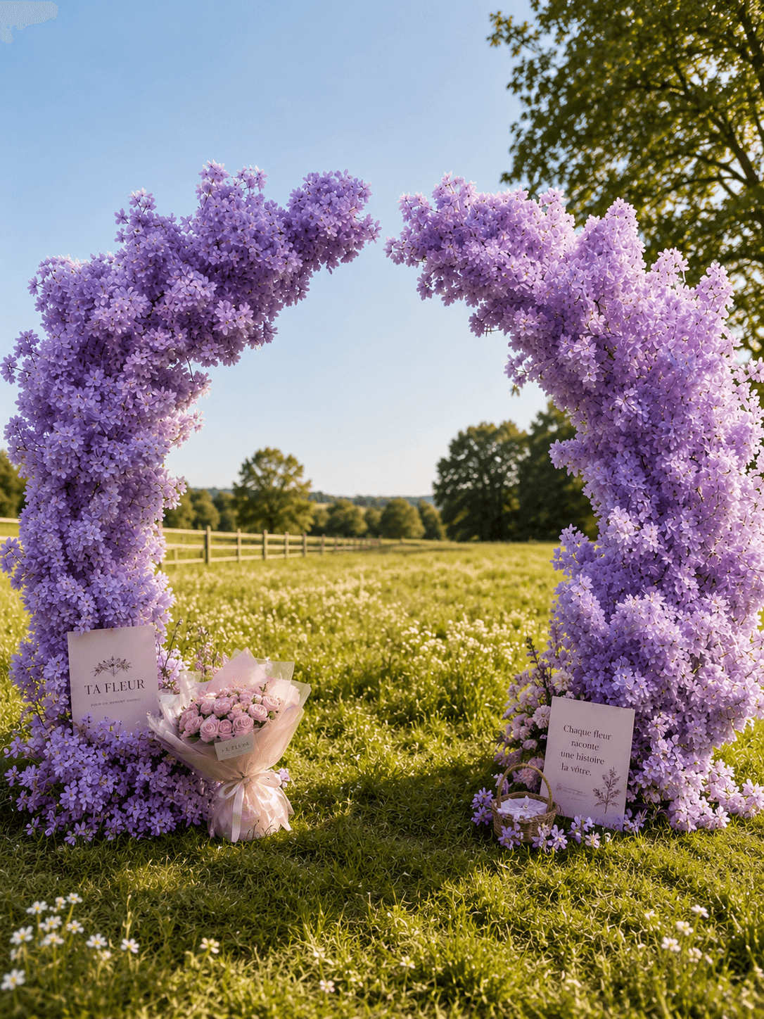 Arche de fleurs violettes TA FLEUR en pleine nature avec bouquet et panneau de bienvenue