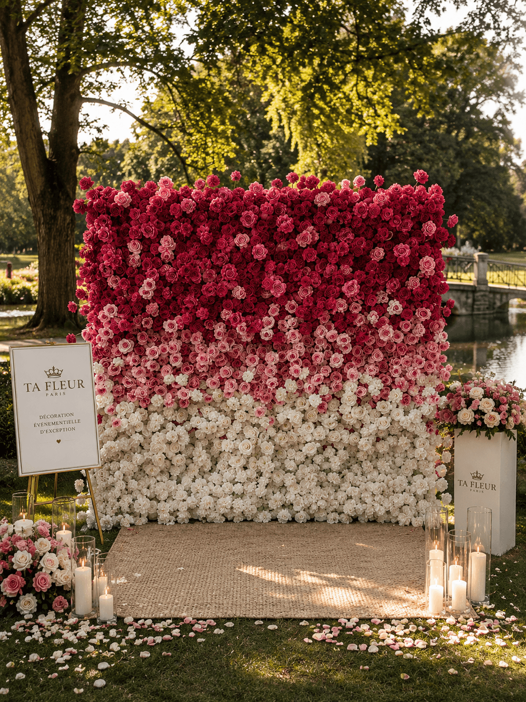 Mur floral ombré dégradé rouge fuchsia blanc TA FLEUR en extérieur avec bougies et pétales