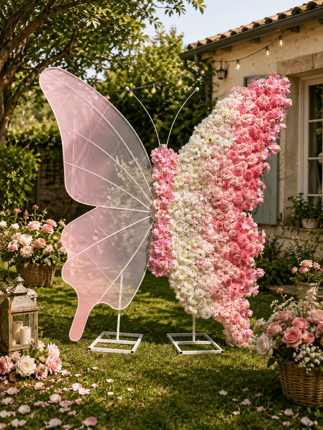 Sculpture papillon en roses roses et blanches en extérieur jardin, décoration événementielle TA FLEUR