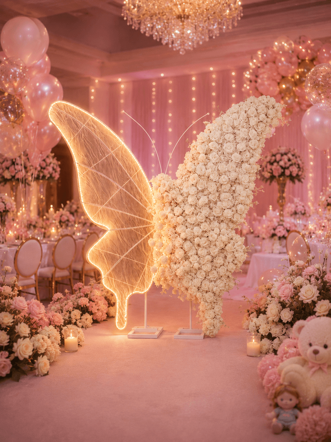 Sculpture papillon lumineuse en roses blanches dans une salle de réception rose avec ballons et lustres