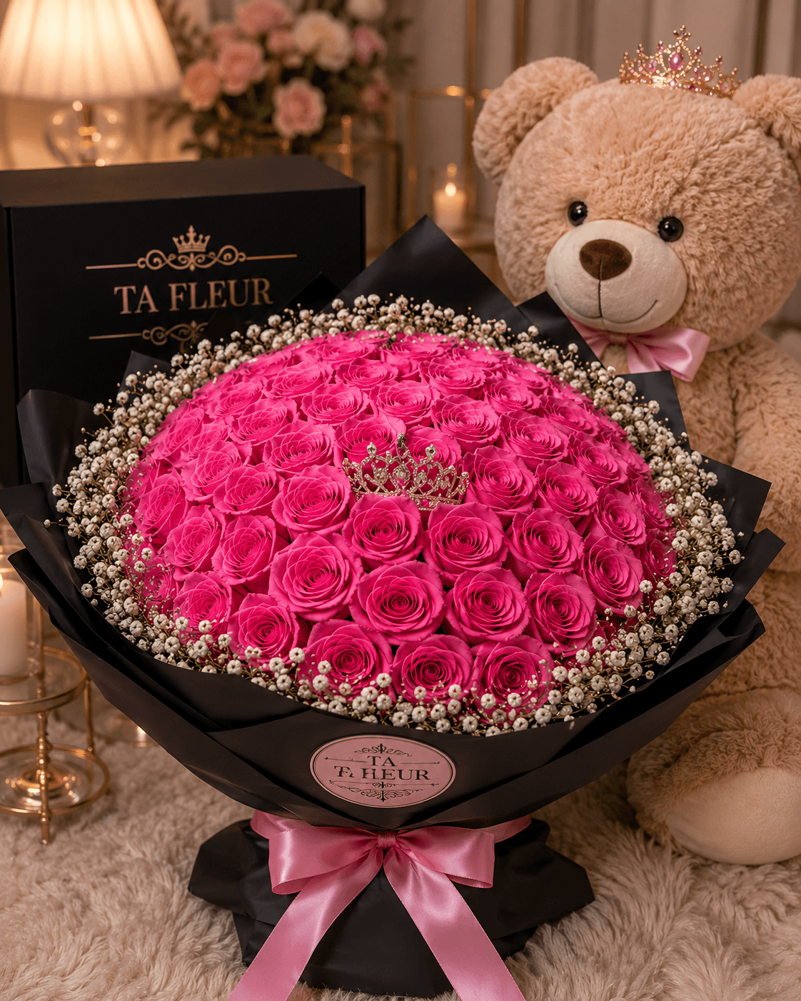 Bouquet de roses fuchsia avec tiara dorée, gypsophile perlé et ruban noir TA FLEUR