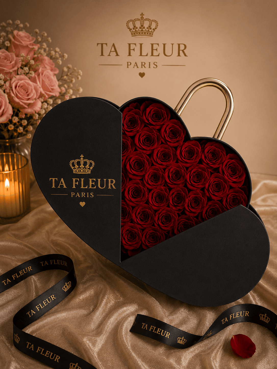 Coffret cœur noir TA FLEUR avec roses éternelles rouges et anse dorée, ruban noir