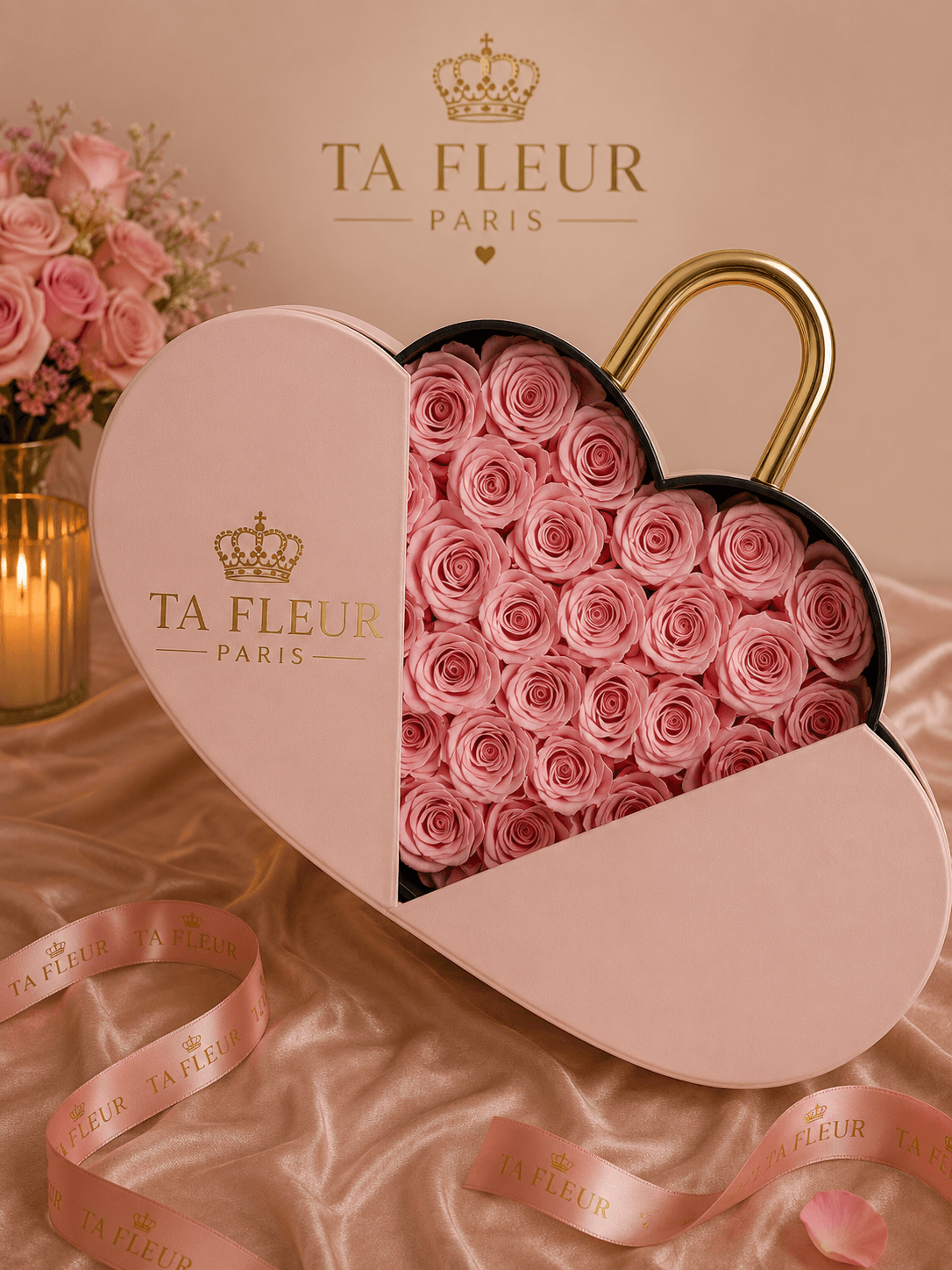 Coffret cœur rose poudré TA FLEUR avec roses éternelles roses et anse dorée