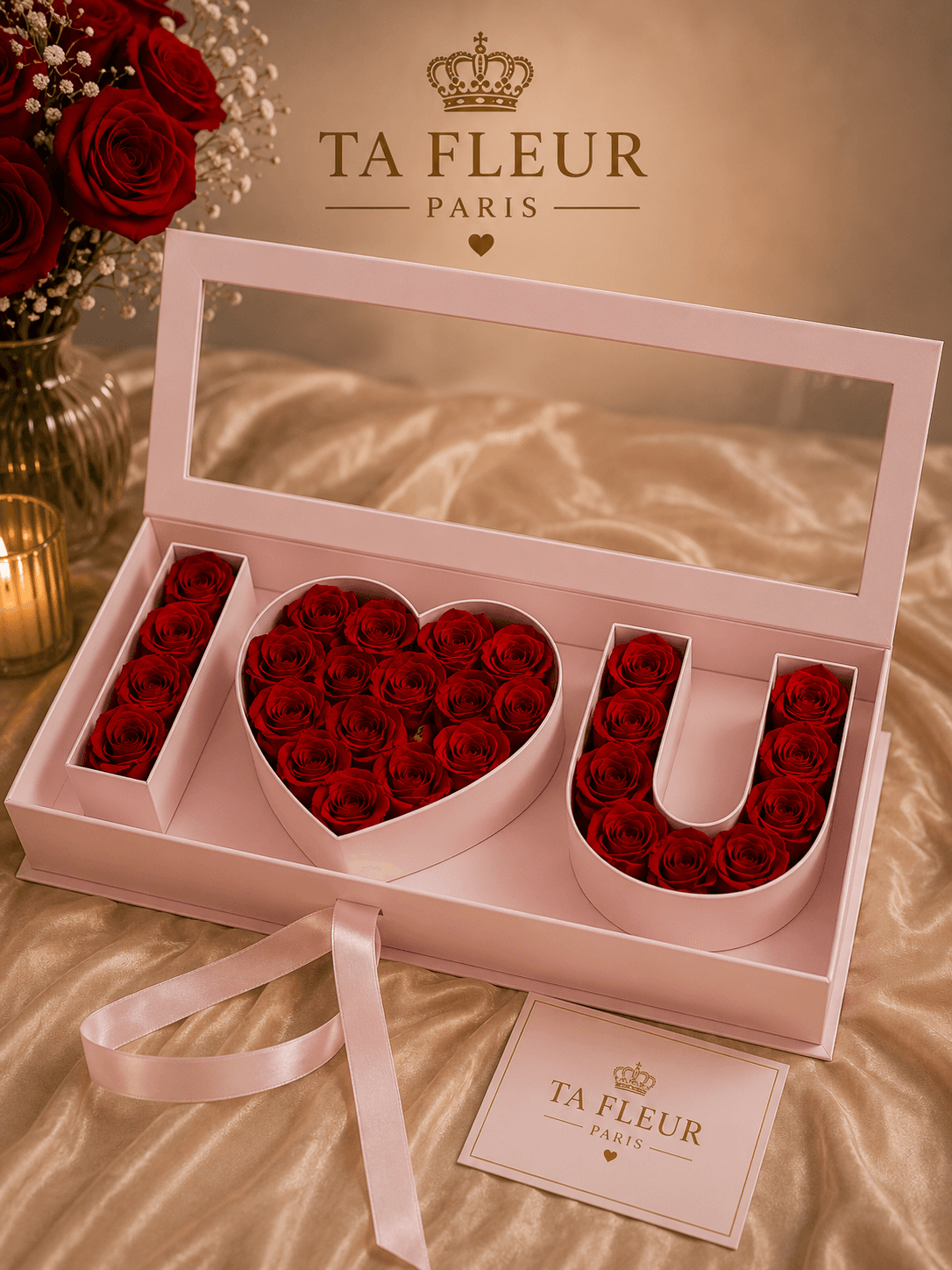 Coffret TA FLEUR I Love You avec roses éternelles rouges formant I ❤ U, coffret rose poudré