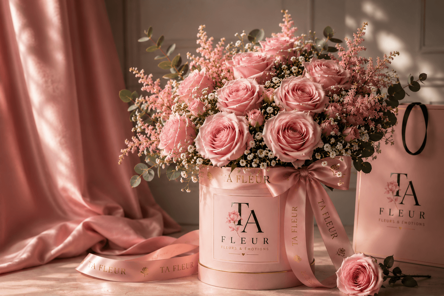 Bouquet de roses premium dans une box TA FLEUR sur fond rose poudré