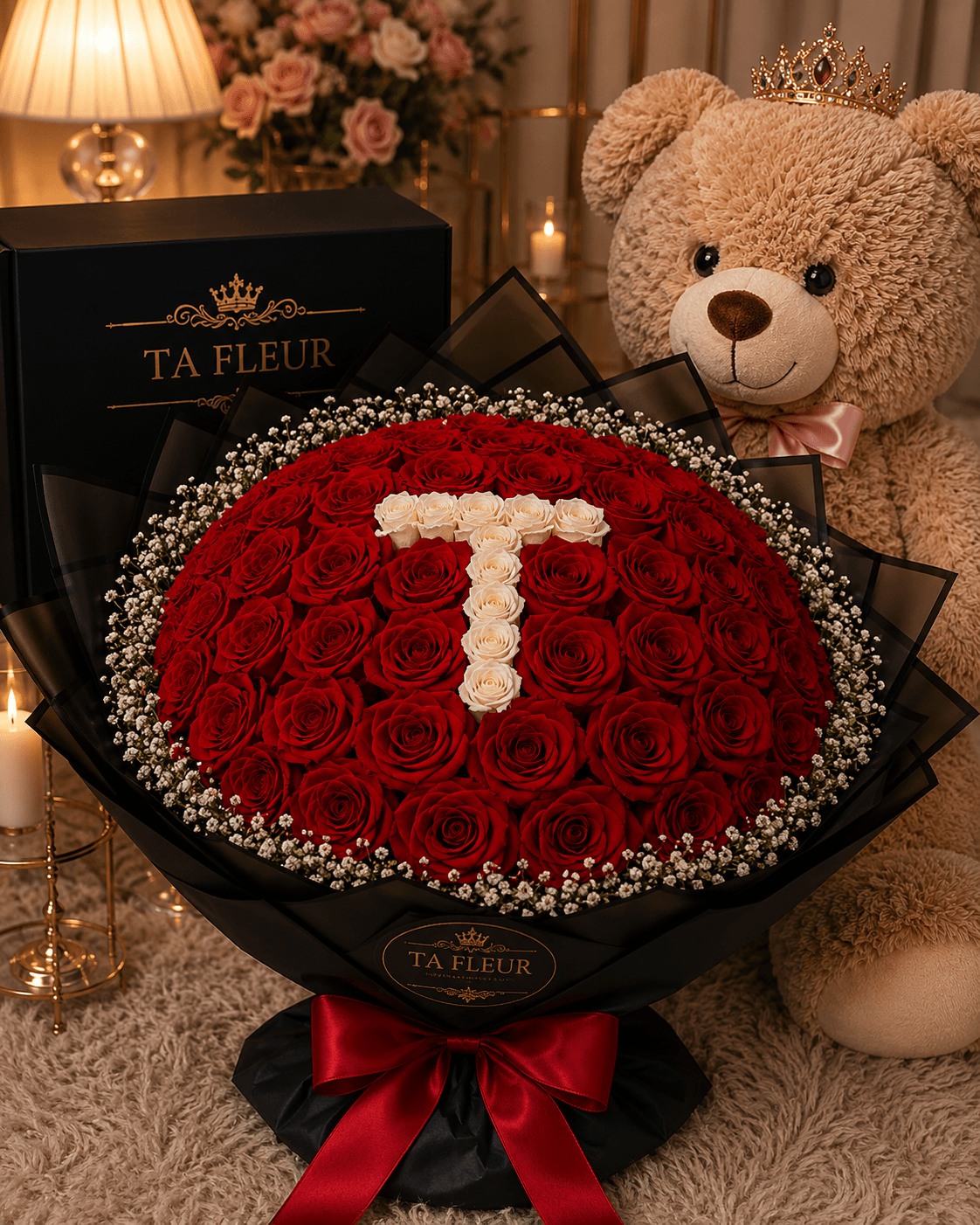 Packaging premium TA FLEUR — sacs et bouquet de roses sur fond rose